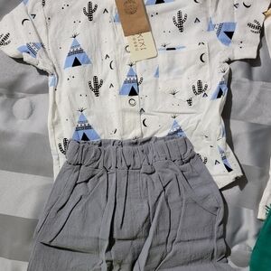Toddler Two-Piece Tee & Shorts Set - White & Light Blue Tee, Gray Shorts